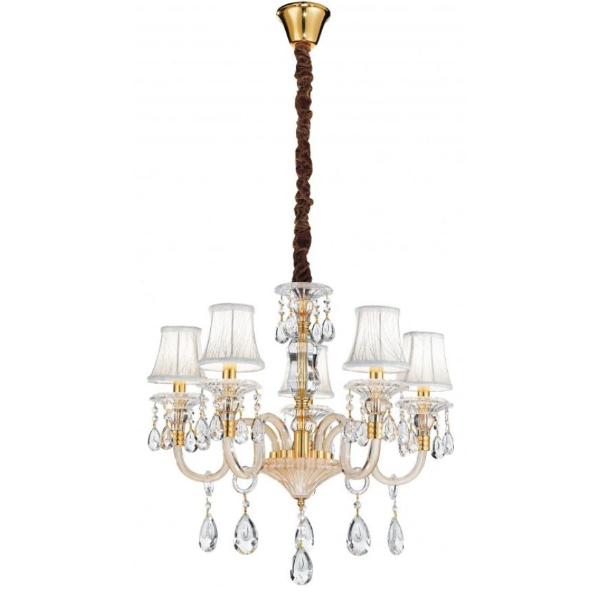 Sospensione 5 luci vetro finitura oro con cristalli K9 e paralumi in tessuto 5XE14 non incl. MONET Sospensione 5 luci vetro finitura oro con cristalli K9 e paralumi in tessuto 5XE14 non incl. MONET